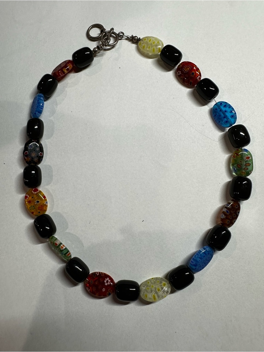 Vtg Artisan Murano Glass Millefiori & Onyx Glass Bead Toggle Necklace